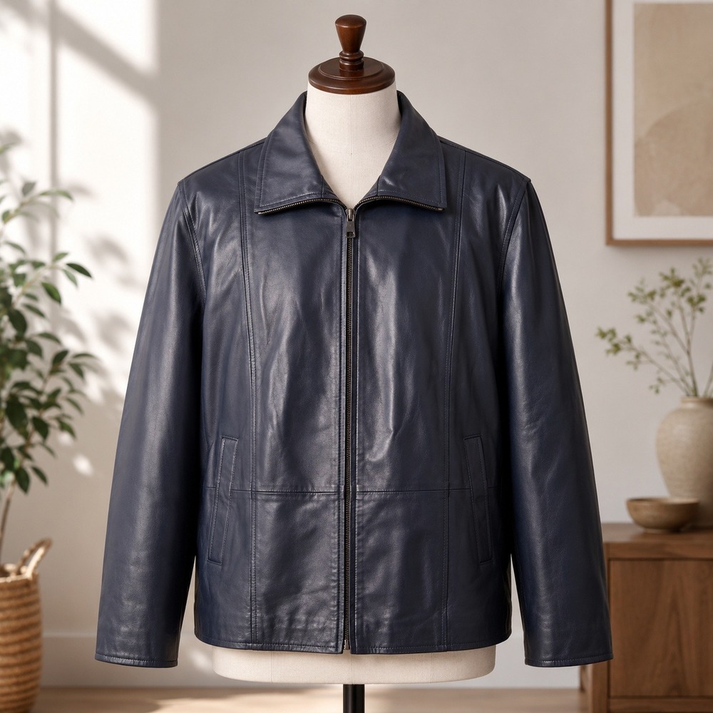 Denim & Co Leather Jacket Womens 5X Navy Blue Full Zip 3/4 Sleeve Casual